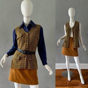 Vintage 60s 70s Wool Plaid Mod 2 Pc Mini Skirt Vest Dress Set M